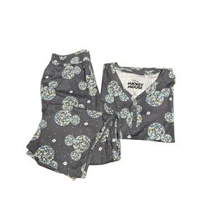 Disney Mickey Mouse Floral Henley Pajama Set Womens XS Grey Ribbed Short Sleeve